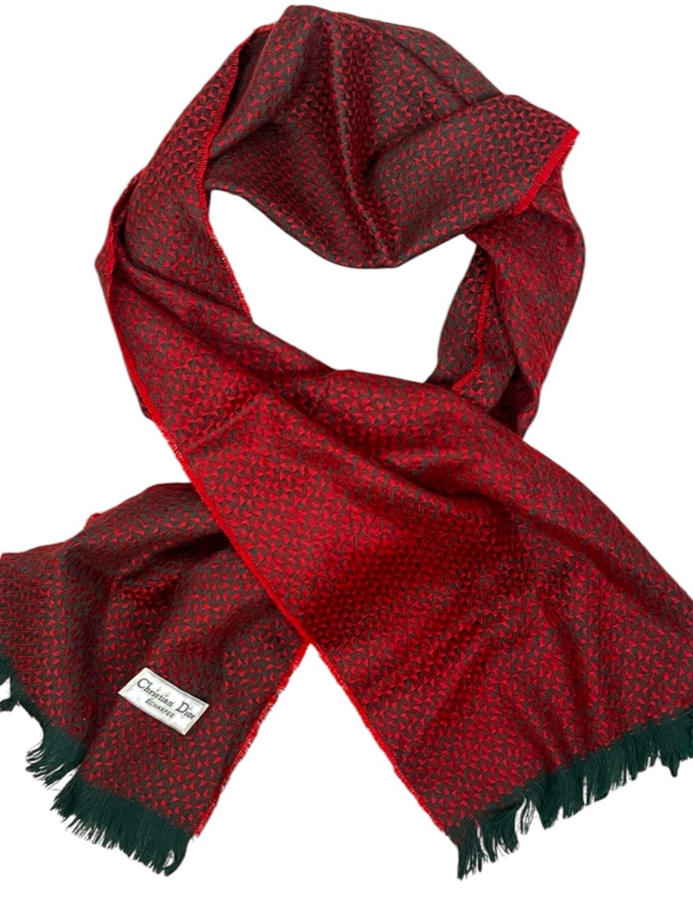 Christian Dior Echarpes Wool Fringe Scarf Red Green Knit